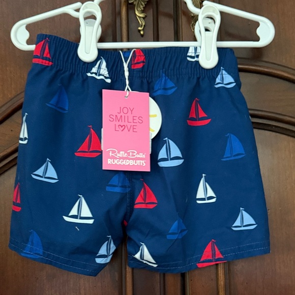 RUGGED BUTTS Nautical Swim Trunks - Blue with Red and White Sailboats 12-18M NWT - Picture 5 of 5